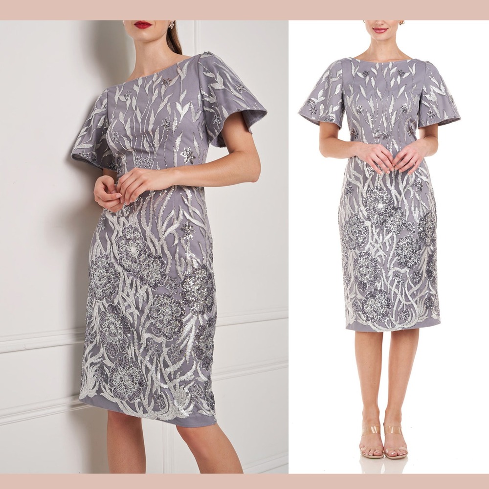 NEW $248 JS CollectiOns [ 0 ] Lyra Flutter Srquin Cocktail Dress in Silver J1790